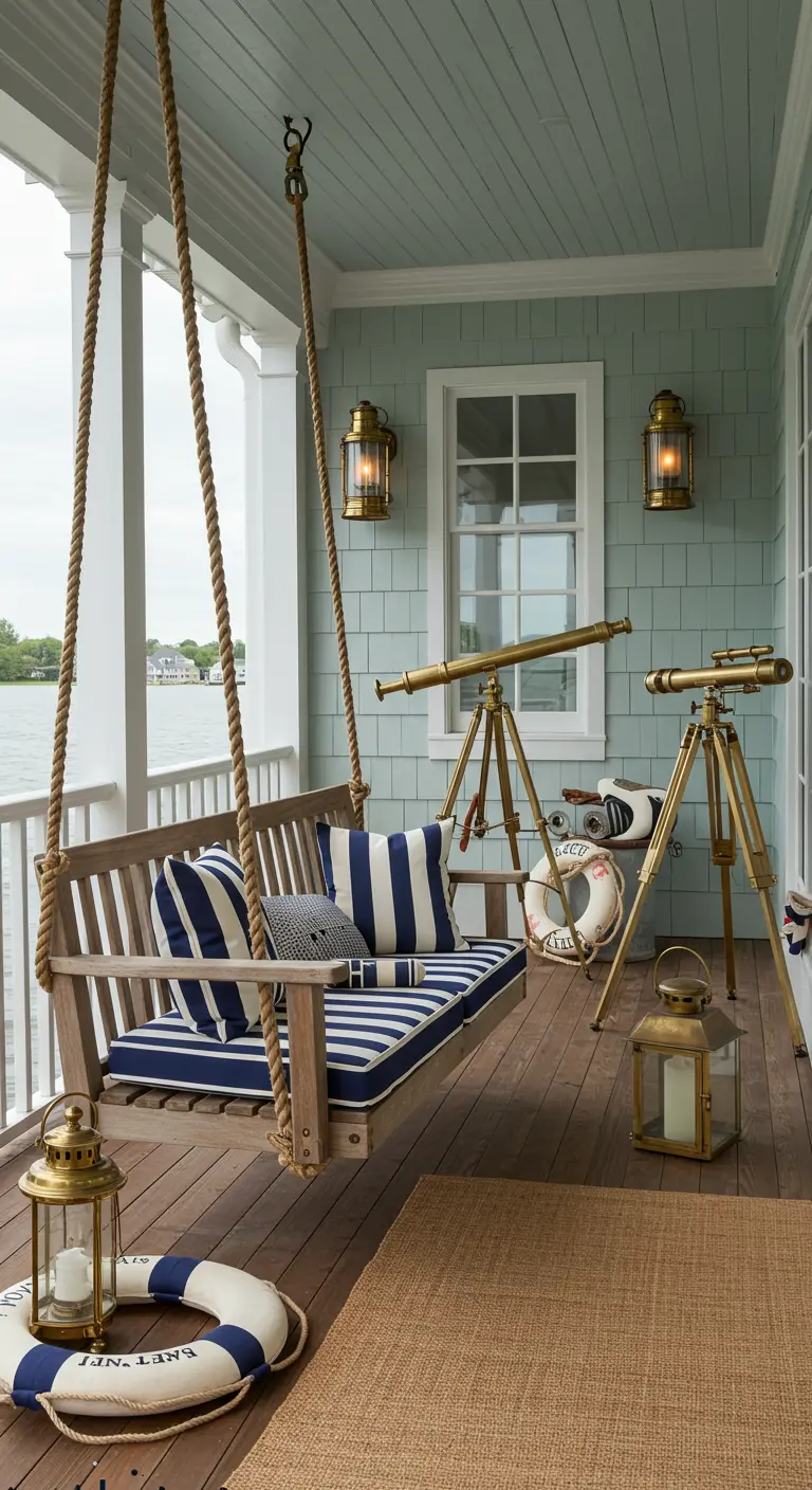 Houten hangbank met nautische stijl op veranda aan het water.