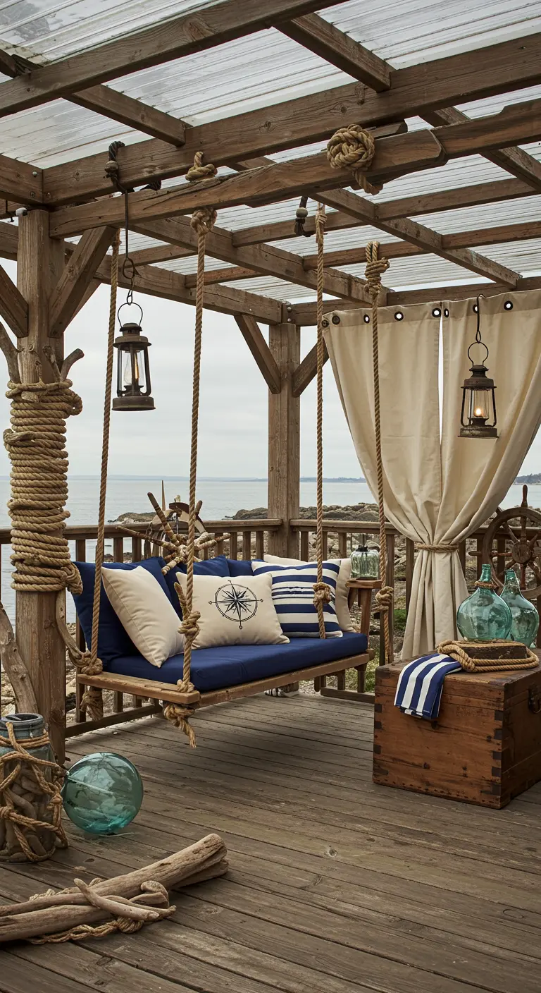 Nautische houten schommelbank met blauw-witte kussens en touwen, onder een houten pergola met witte gordijnen, omringd door maritieme decoraties.