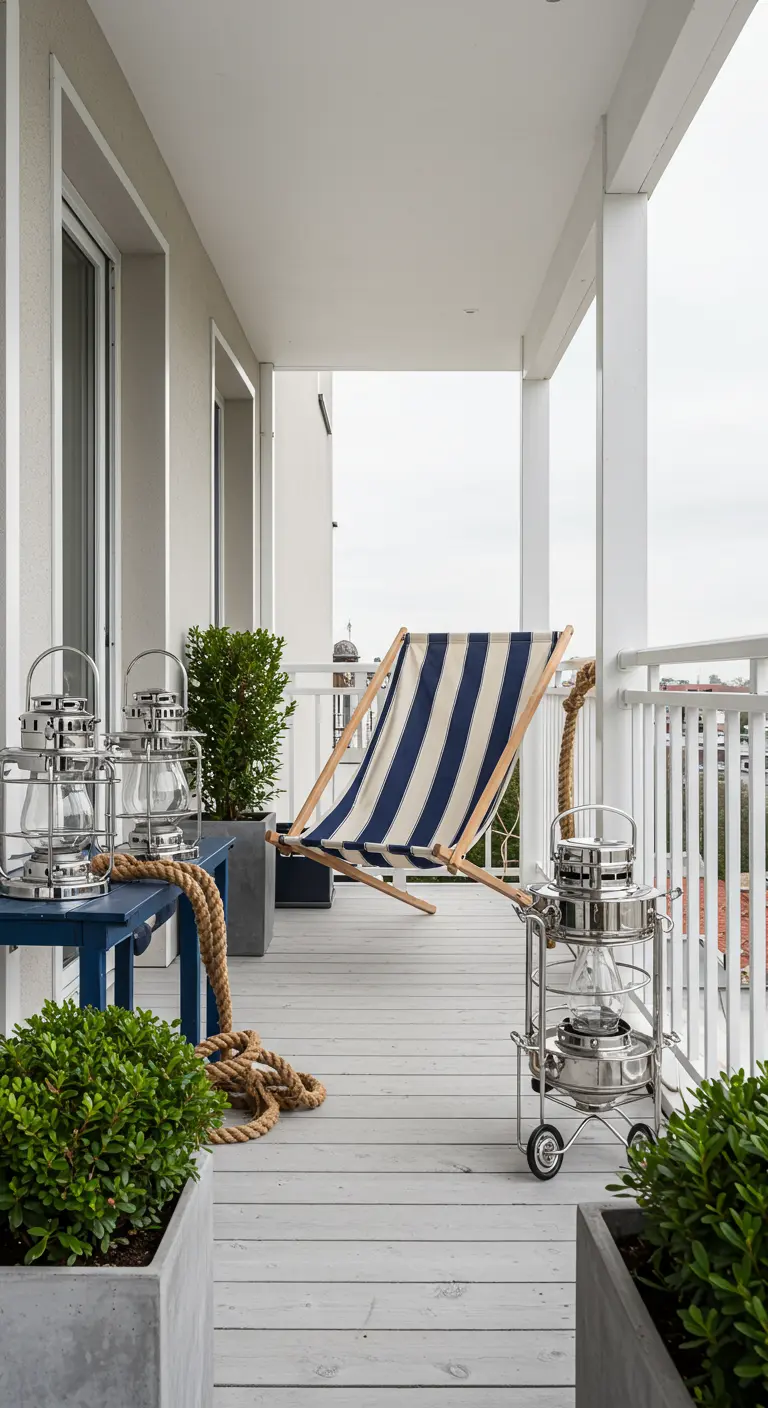 Sfeervol balkon 30 met gestreepte hangstoel en nautische accessoires