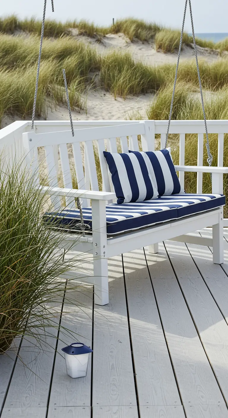 Witte houten schommelbank met blauw-wit gestreept kussen op een houten vlonder bij de duinen.