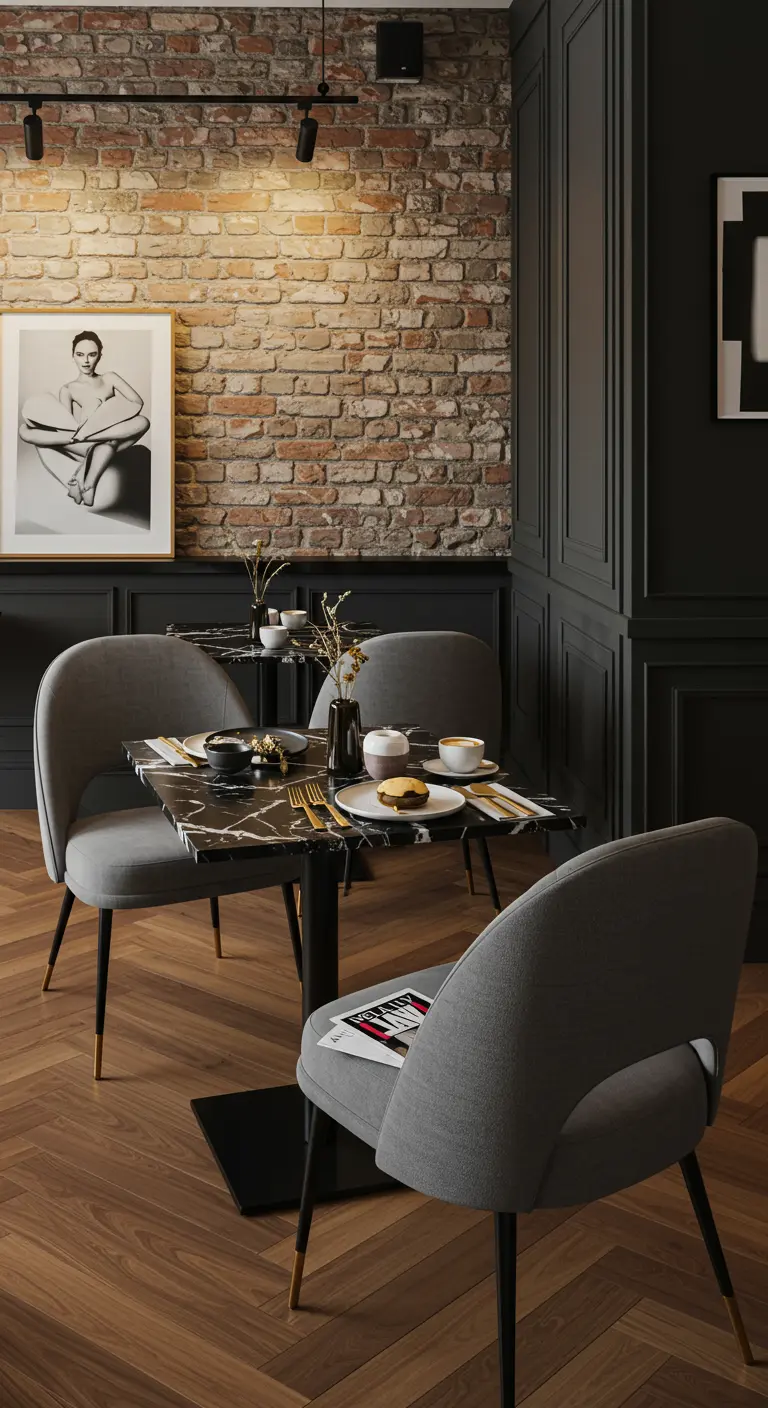 Moderne bistro met marmeren tafel, grijze stoelen en bakstenen muur.