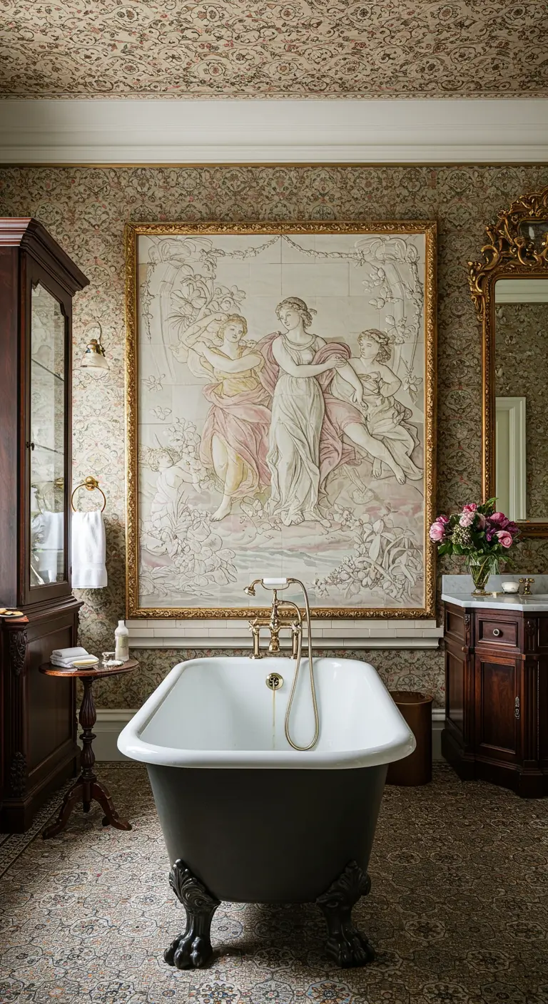 Klassieke badkamer met vrijstaand bad, donker houten meubilair en een grote ingelijste keramische muurschildering.