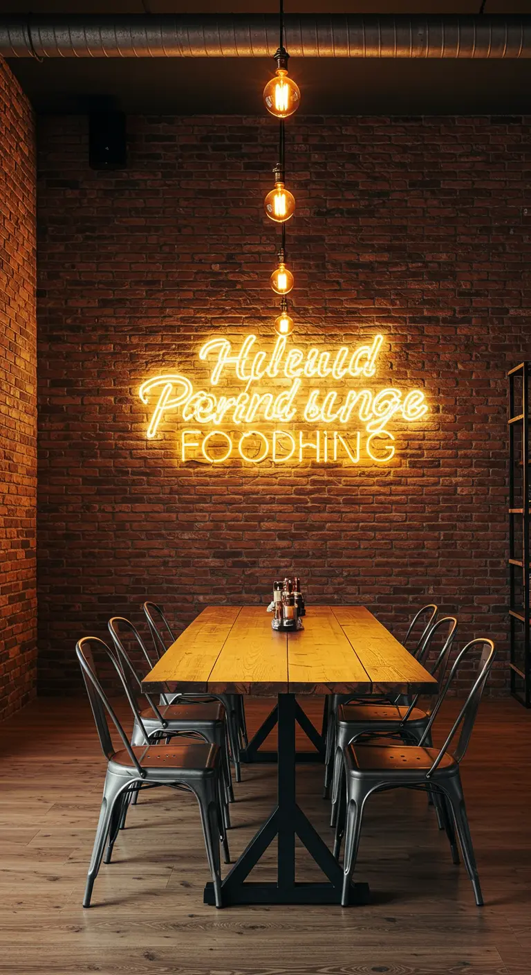 Industriële eethoek met bakstenen muur en een geel neon bord met tekst.