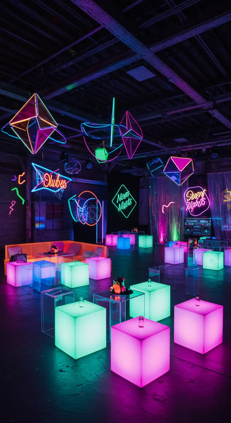 Feestruimte met lichtgevende gekleurde kubussen als tafels en stoelen, en hangende neon geometrische vormen.