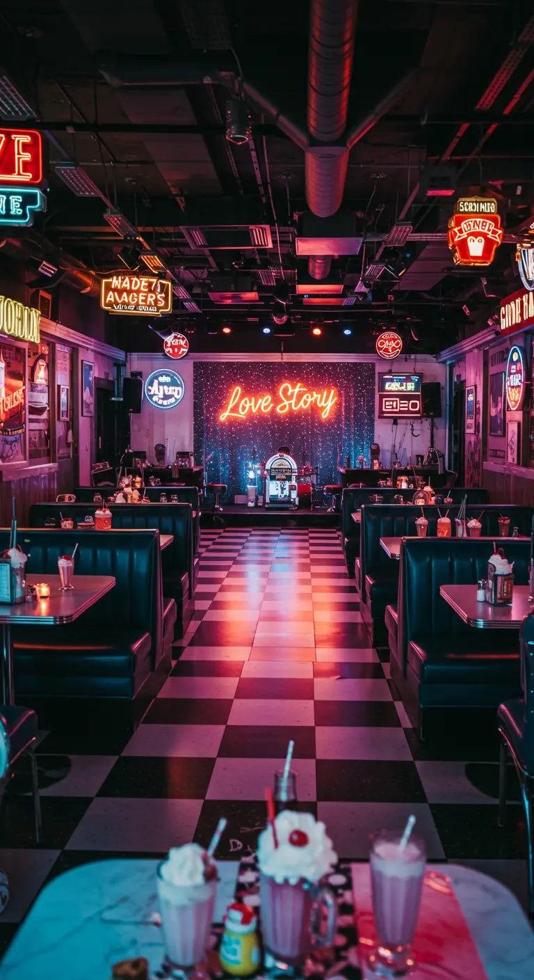 Retro diner met neonverlichting en een 'Love Story' bord als bruiloftslocatie.