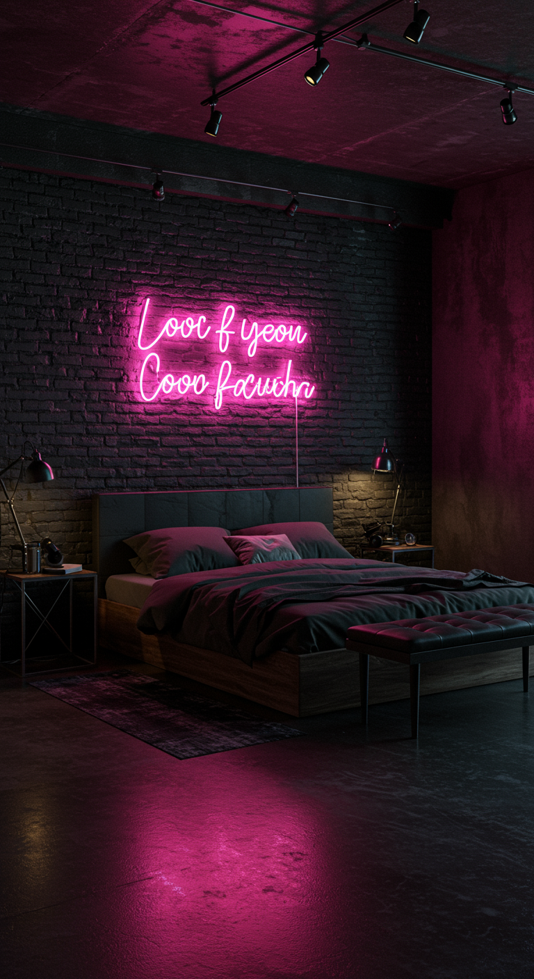 Donkere, industriële slaapkamer met een roze neon tekstbord boven het bed.