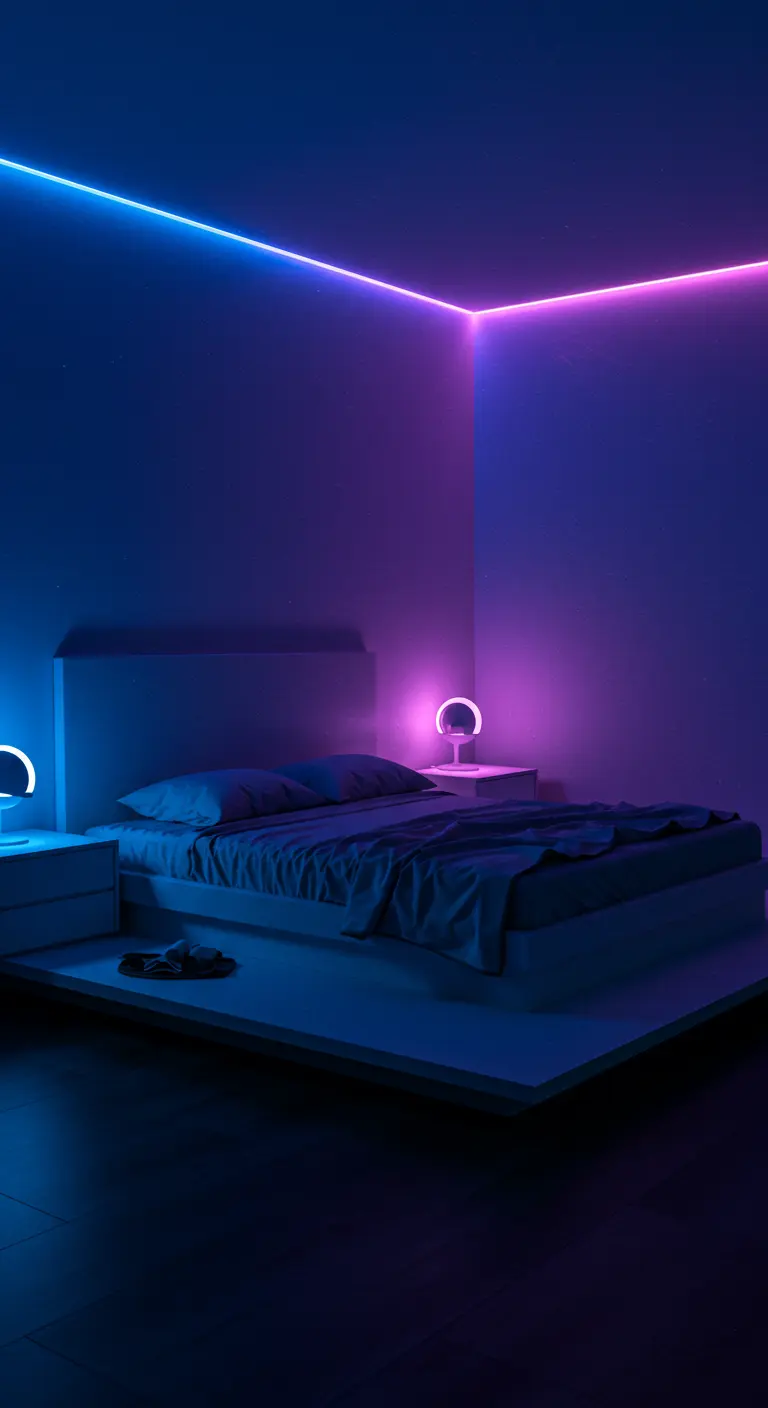 Donkere slaapkamer met blauwe en roze neon LED-strips langs plafondranden.