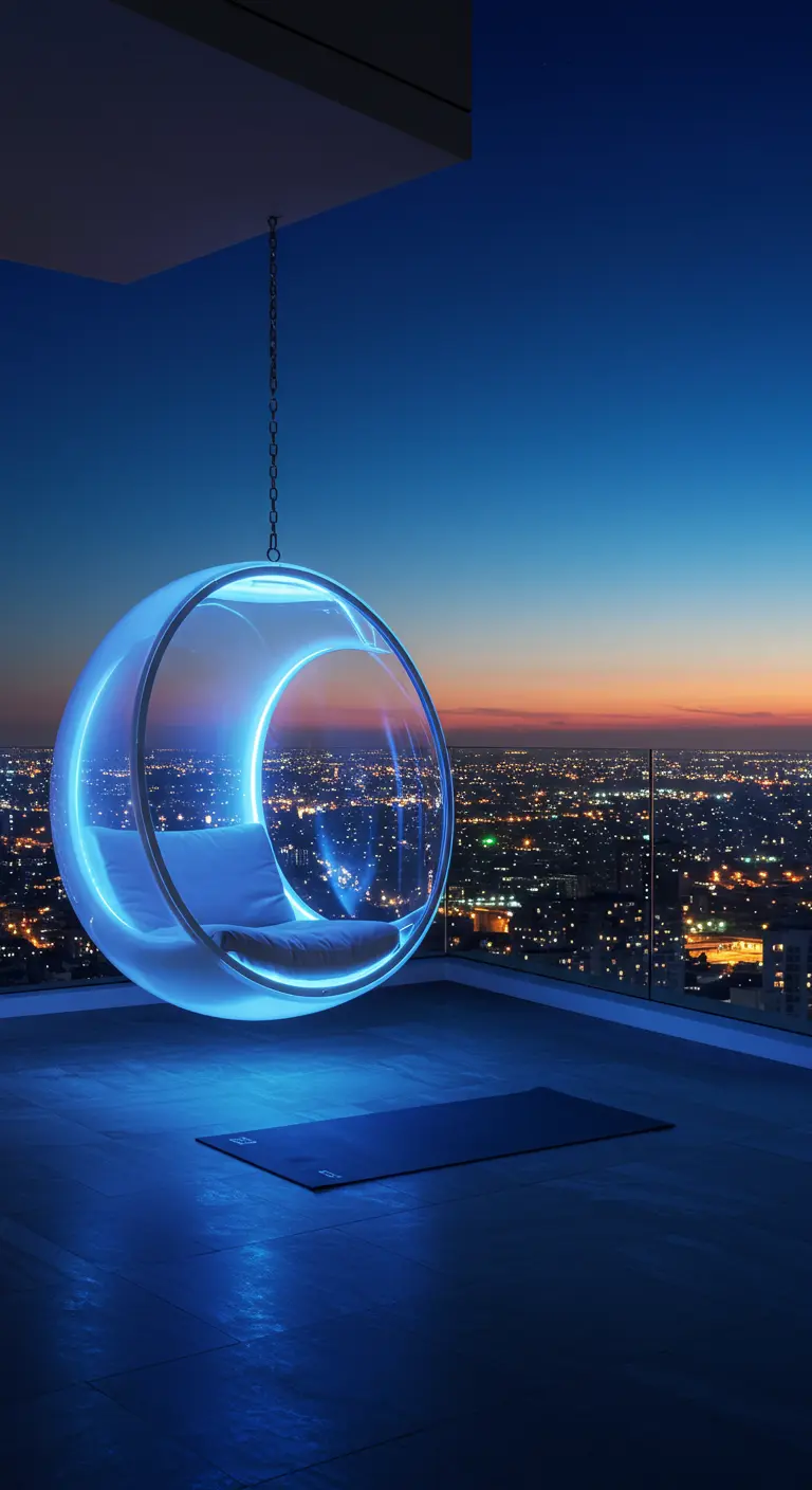Transparante bubble chair met blauw licht op dakterras 's nachts.