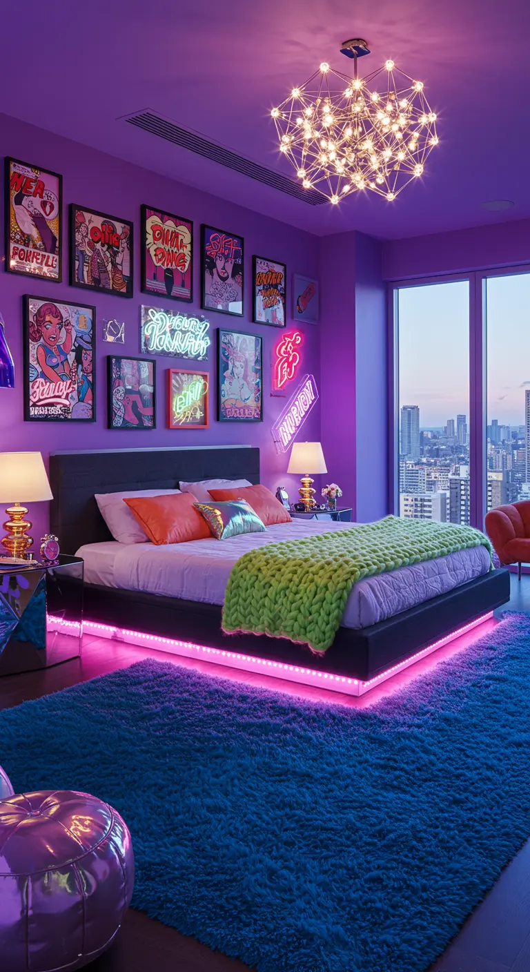 Paarse slaapkamer met neonreclames, pop-art posters en een modern bed met roze verlichting.