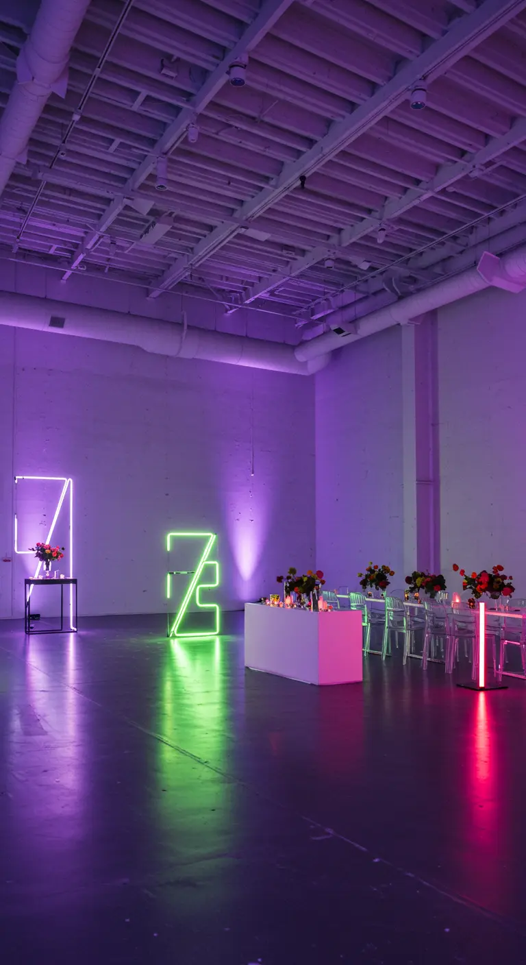 Moderne trouwlocatie met neon verlichting in geel en paars, minimalistische witte tafels en stoelen.