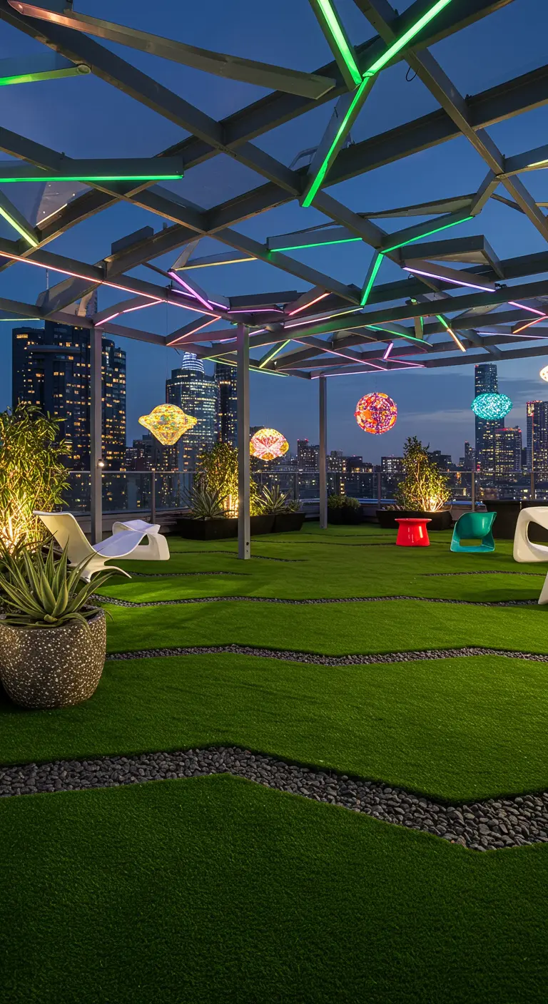 Moderne daktuin met geometrische pergola, kunstgras, neonverlichting en kleurrijke meubels.