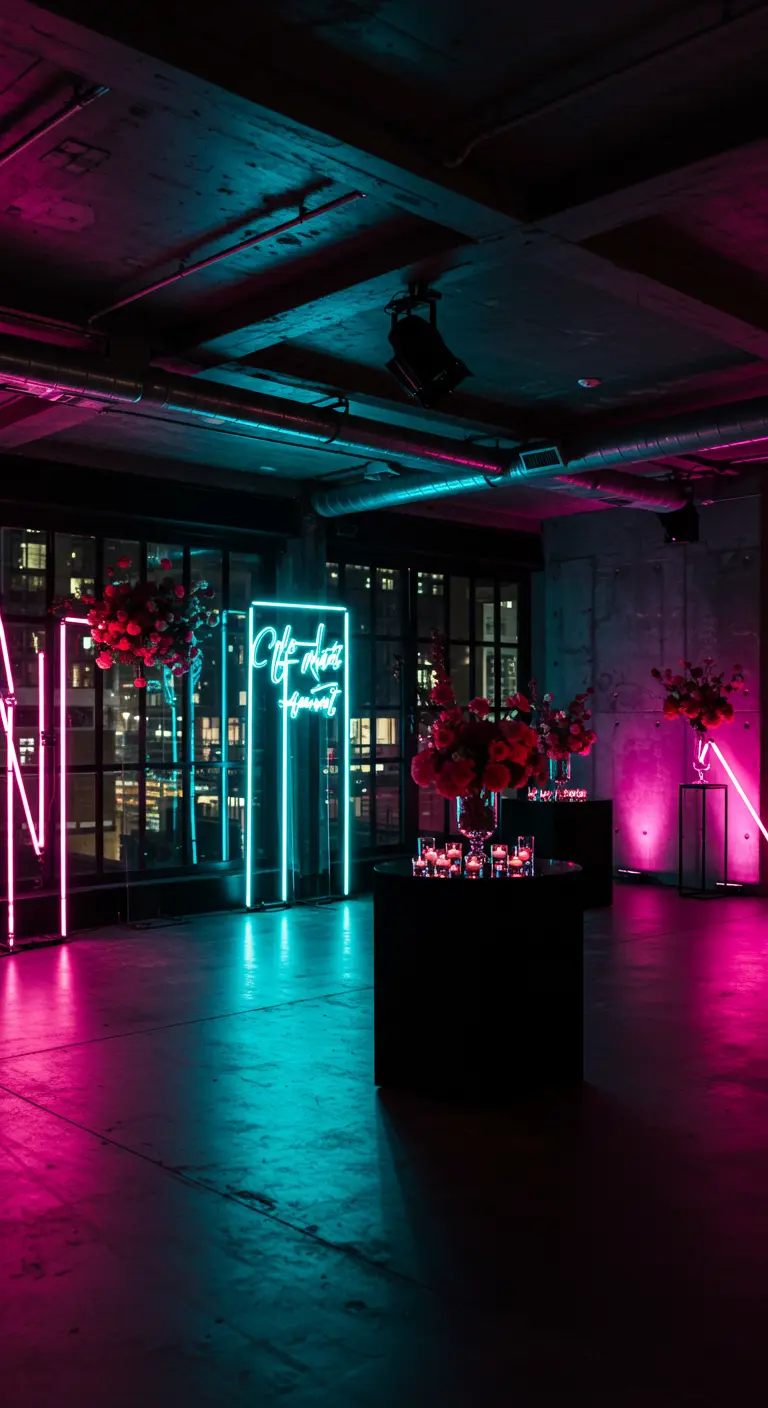 Moderne evenementenruimte met fuchsia en cyaan neonverlichting en donkere meubels