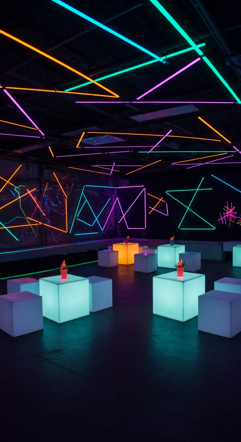 Neon geometrisch feest in garage met lichtgevende kubussen en felle lichtlijnen.