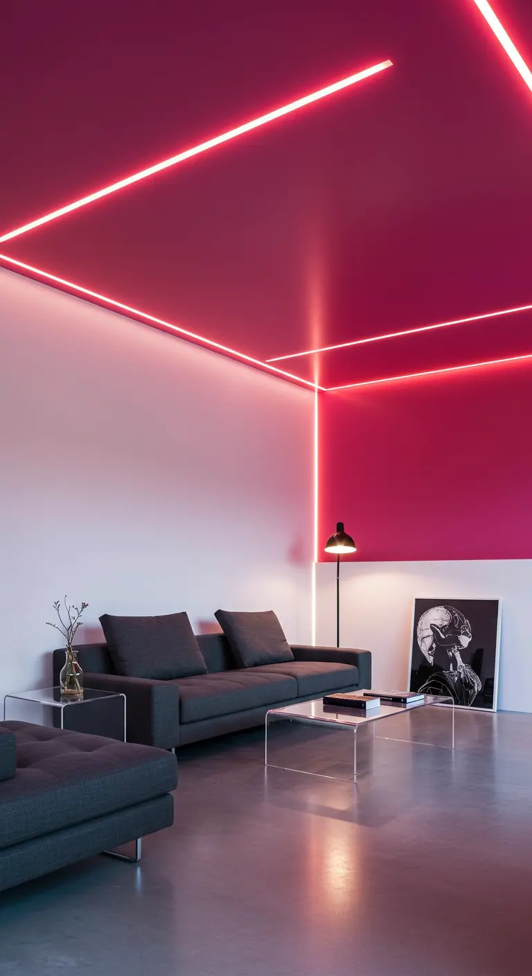 Moderne woonkamer met roze neon LED-verlichting langs plafond en muren.