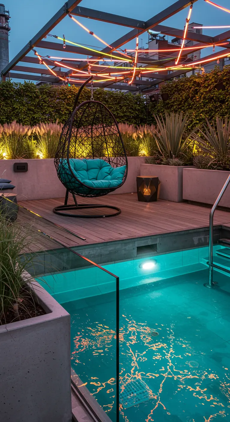 Zwart hangzitje met turquoise kussen op een houten terras bij een zwembad, verlicht door neonlijnen.