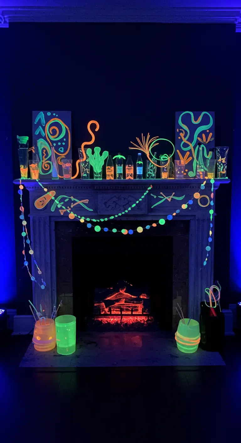 Open haard versierd voor een neon glow-in-the-dark party met fluorescerende objecten.