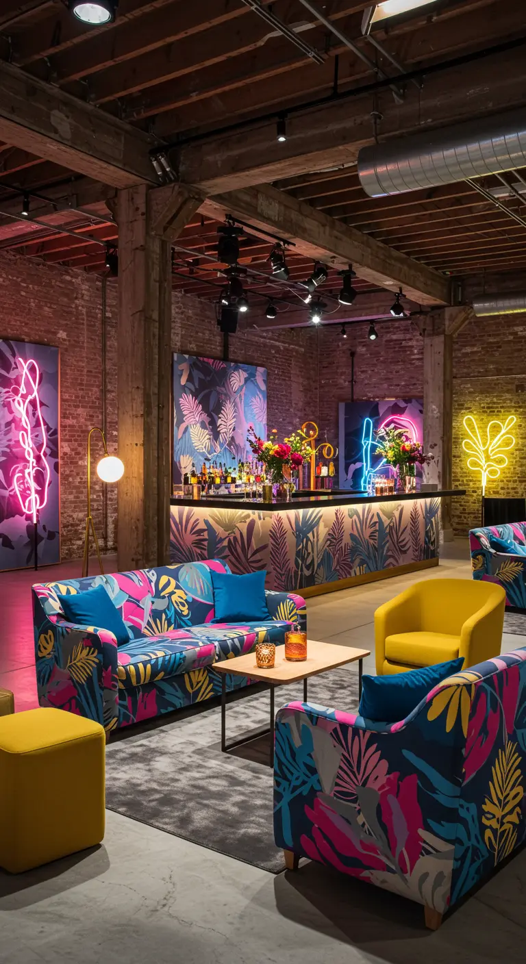 Moderne lounge met banken in felle tropische print en neon plantverlichting.