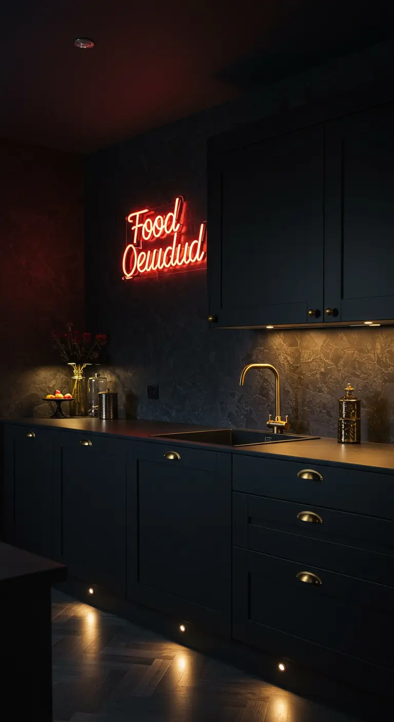 Donkere keuken met rode neonletters