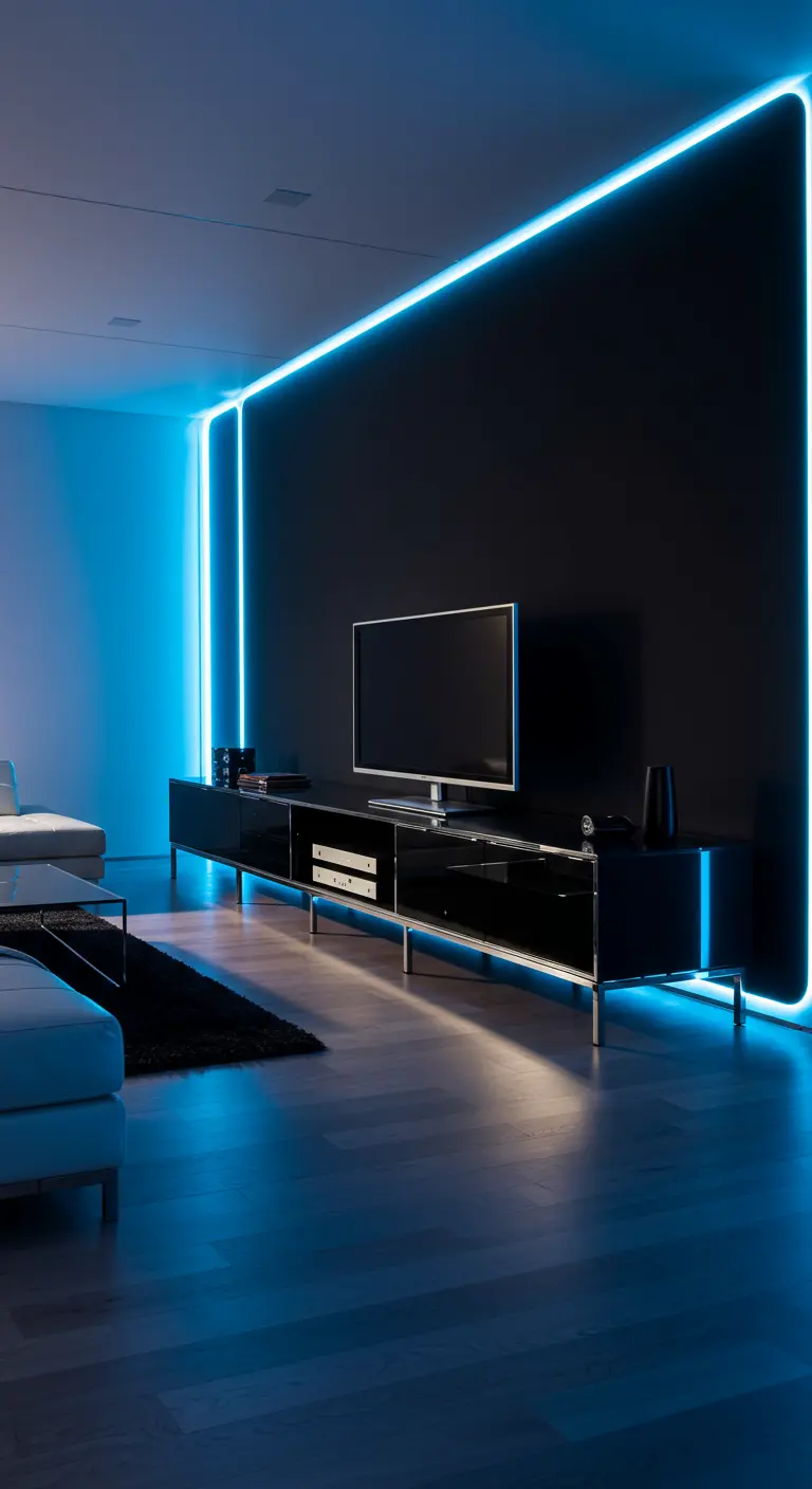 Donkere woonkamer met een zwart TV-meubel en blauwe LED-verlichting langs de muren.