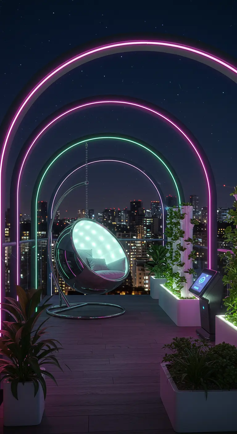 Chromen hangstoel onder dubbele neon bogen op een dakterras met stadszicht 's nachts.