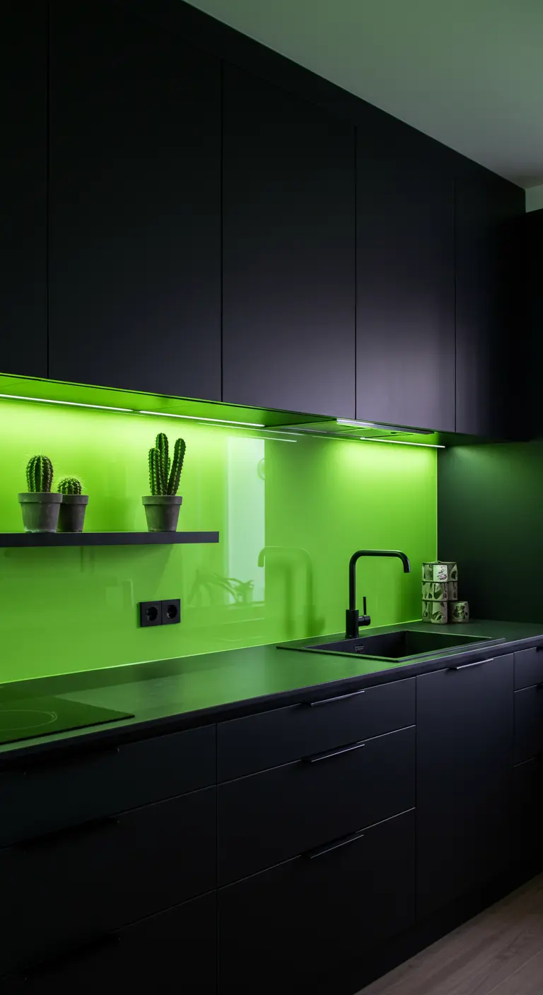 Moderne zwarte keuken met een felgroene lichtgevende achterwand en cactussen.