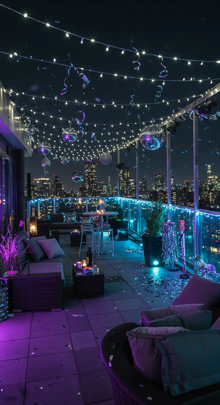 Dakterras verlicht met paarse en blauwe neonlichten, lichtslingers en discoballen.