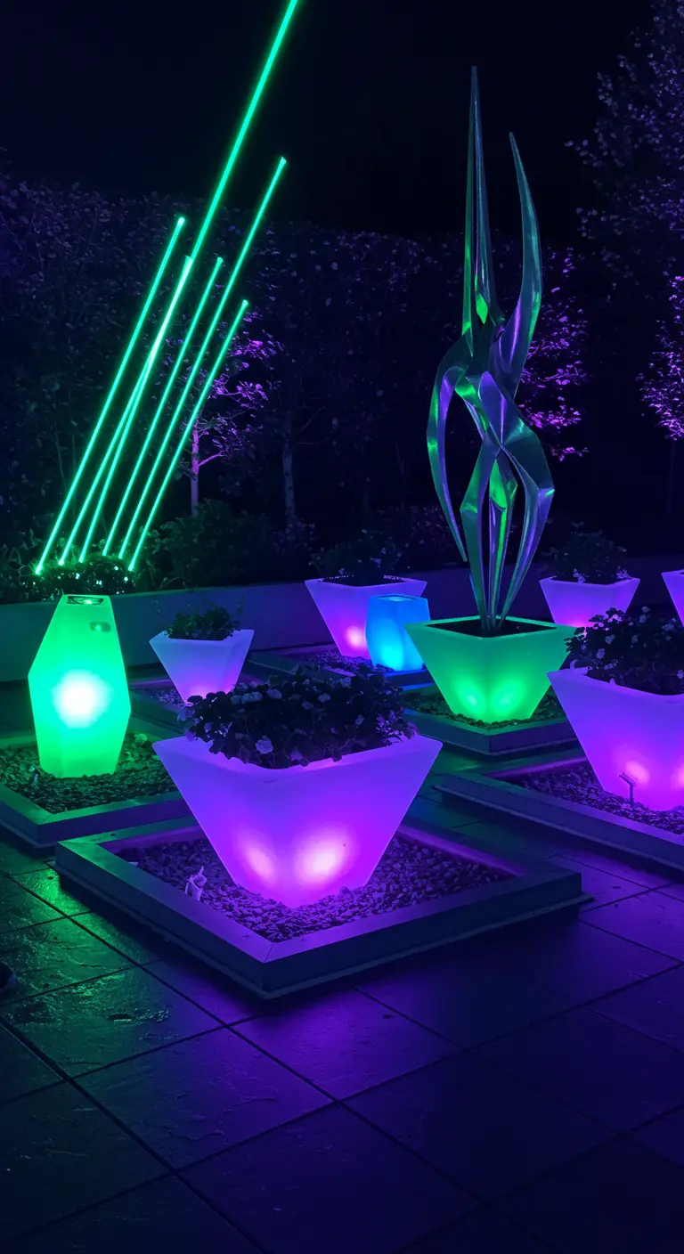 Nachtelijke tuin met neonkleurige verlichte plantenbakken, metalen sculptuur en groene laserstralen.