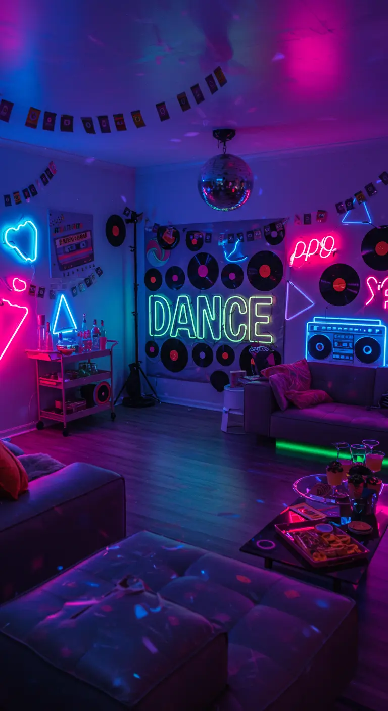 Woonkamer met neonverlichting, discobol en 'DANCE' neonletters.