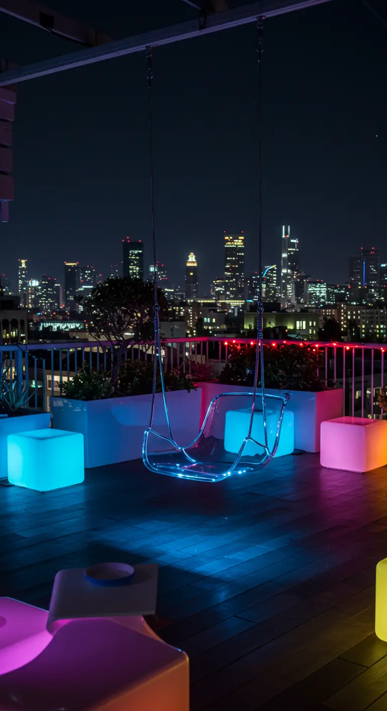 Transparante acryl hangstoel op een dakterras 's nachts, omringd door gekleurde LED-verlichting.