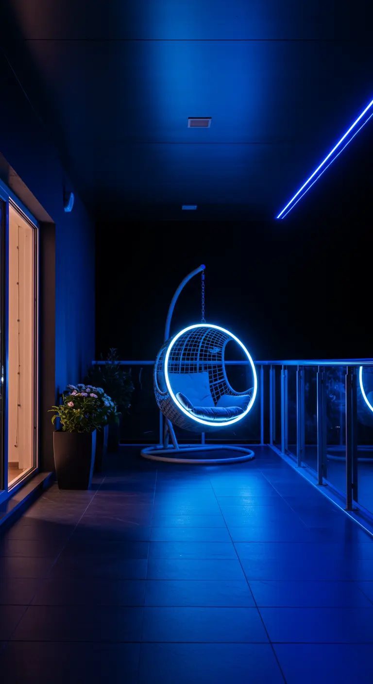 Sfeervol balkon 33 met oplichtende hangstoel en blauwe neonverlichting 's nachts