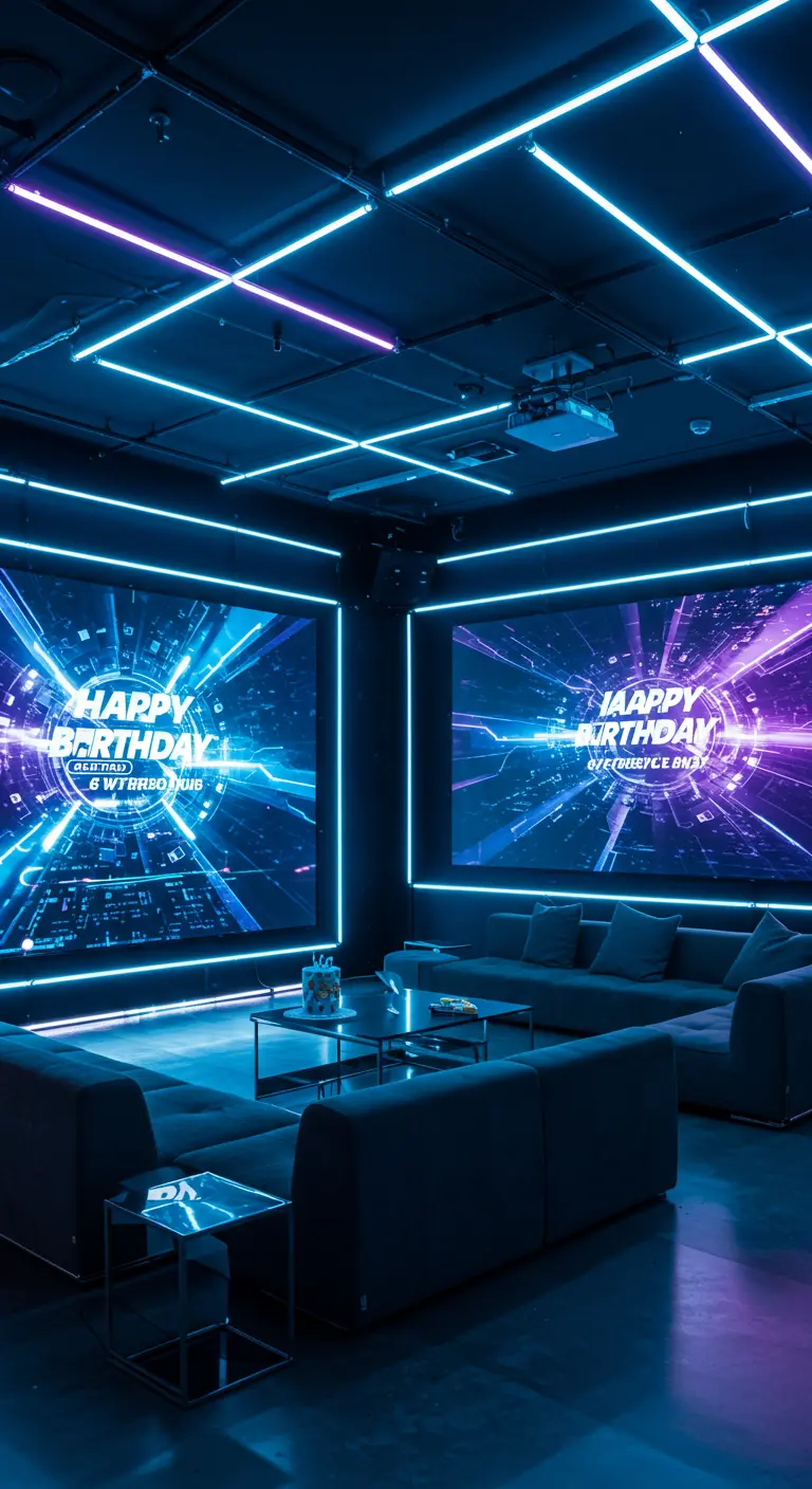Moderne donkere lounge met blauwe en paarse neonverlichting en grote projectieschermen.