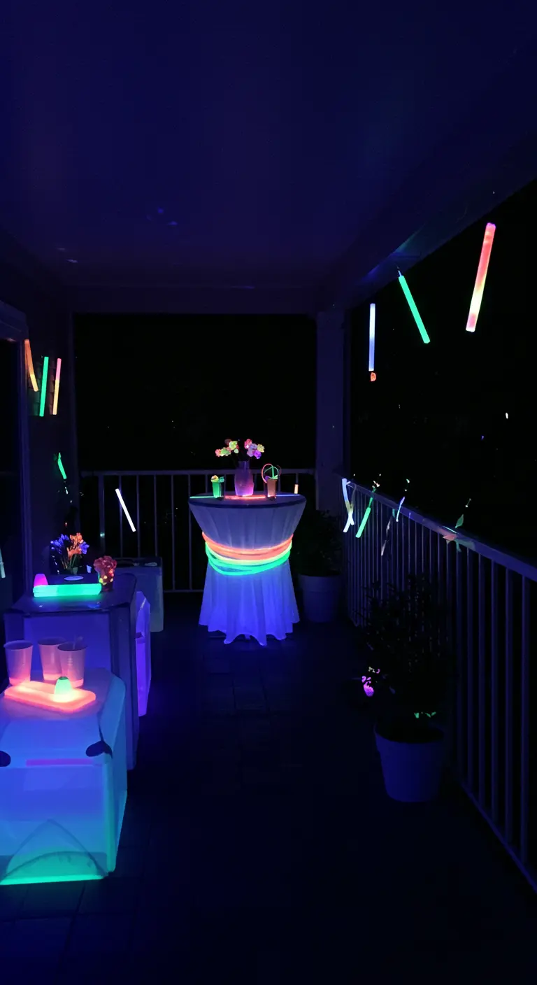 Balkonfeest met glow-in-the-dark sticks, neonkleuren en donkere achtergrond.