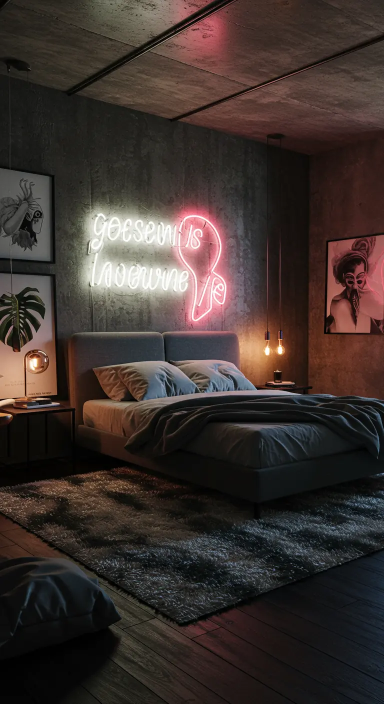 Neonverlichting met de tekst 'goesen is innewine' op betonnen muur boven bed.