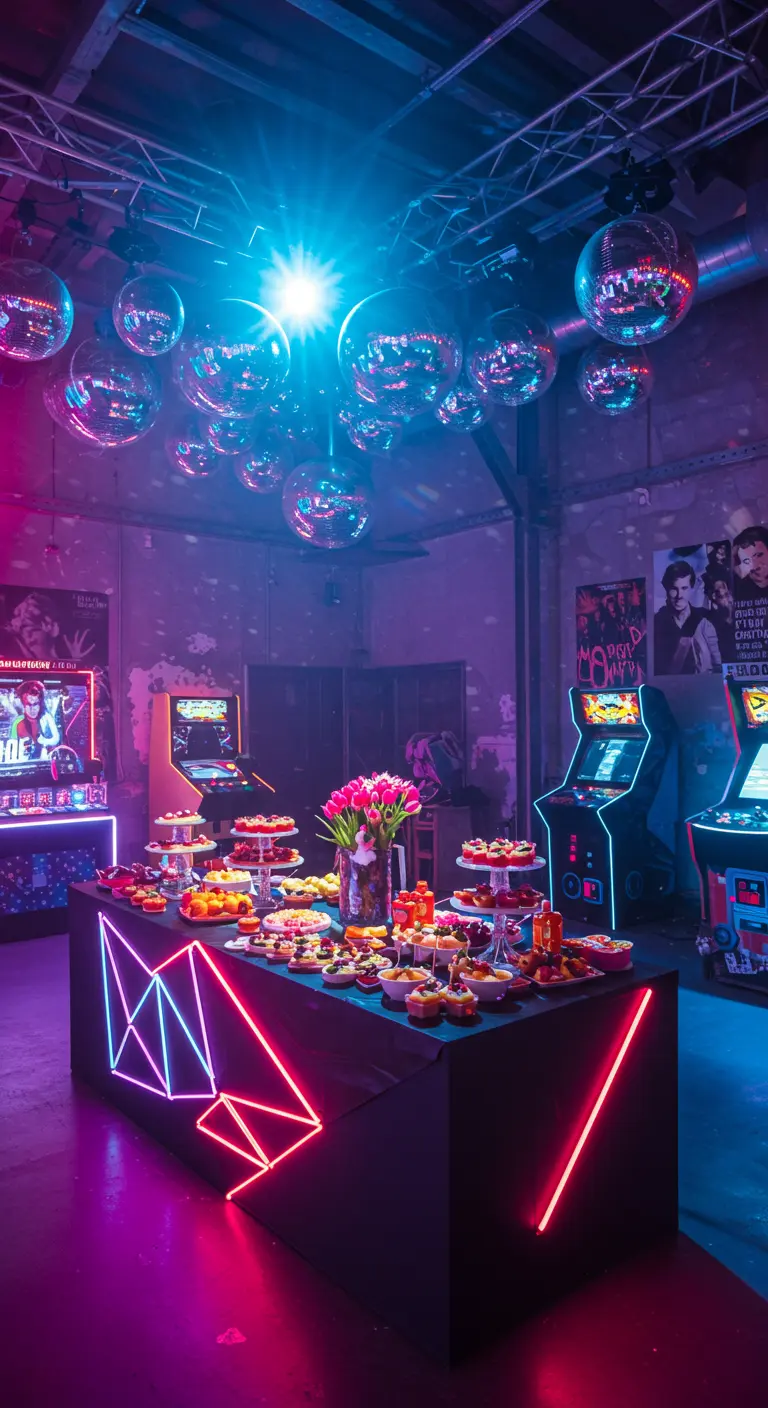 Feestruimte met discoballen, neonverlichting, arcadekasten en een buffet met kleurrijke hapjes.
