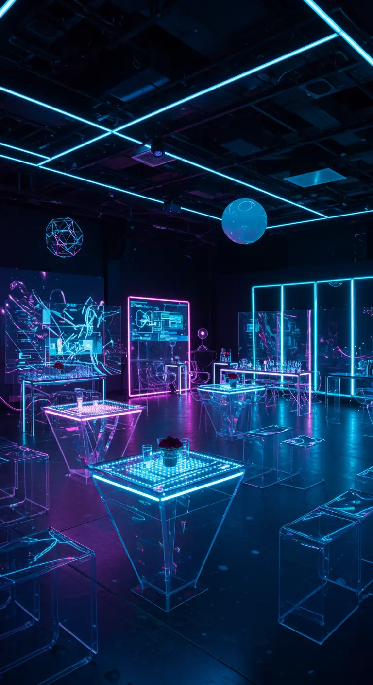 Donkere ruimte met oplichtende plexiglas statafels, neon lijnen en futuristische projecties.