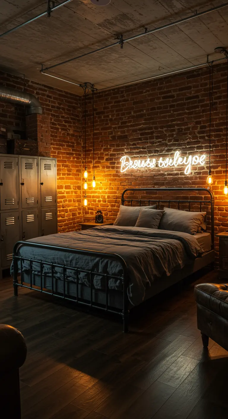 Industriële slaapkamer met neonlicht quote aan bakstenen muur boven bed.