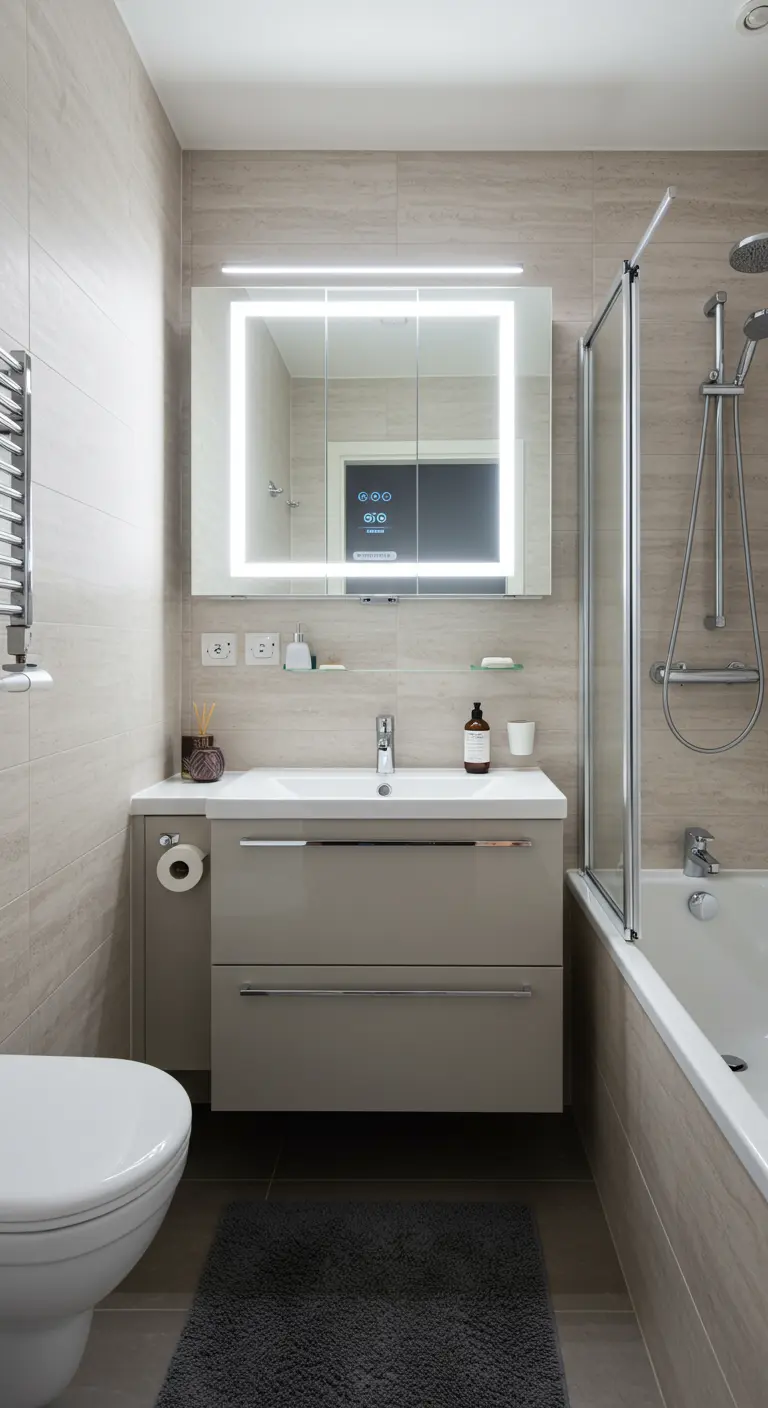 Moderne badkamer met beige tegels, spiegelkast met verlichting en bad-douchecombinatie.