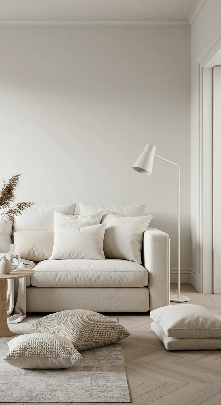 Witte sofa met crèmekleurige, getextureerde kussens in een minimalistische, lichte woonkamer.