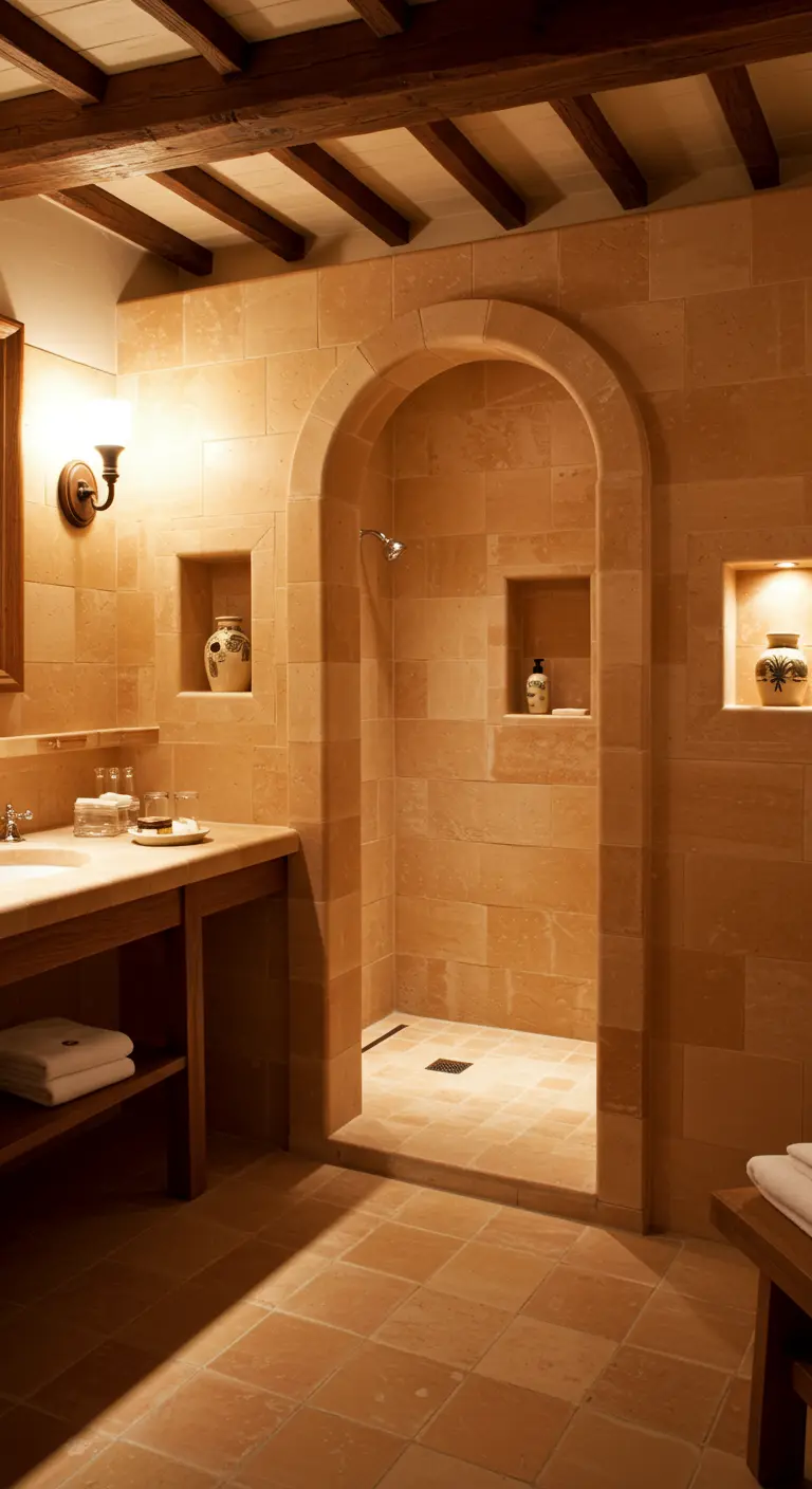 Mediterrane douche in nis met zandkleurige tegels, houten balkenplafond en nissen voor decoratie.