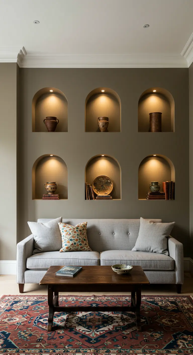 Woonkamer met ingebouwde muurnissen met spotverlichting, waarin decoratieve objecten staan.