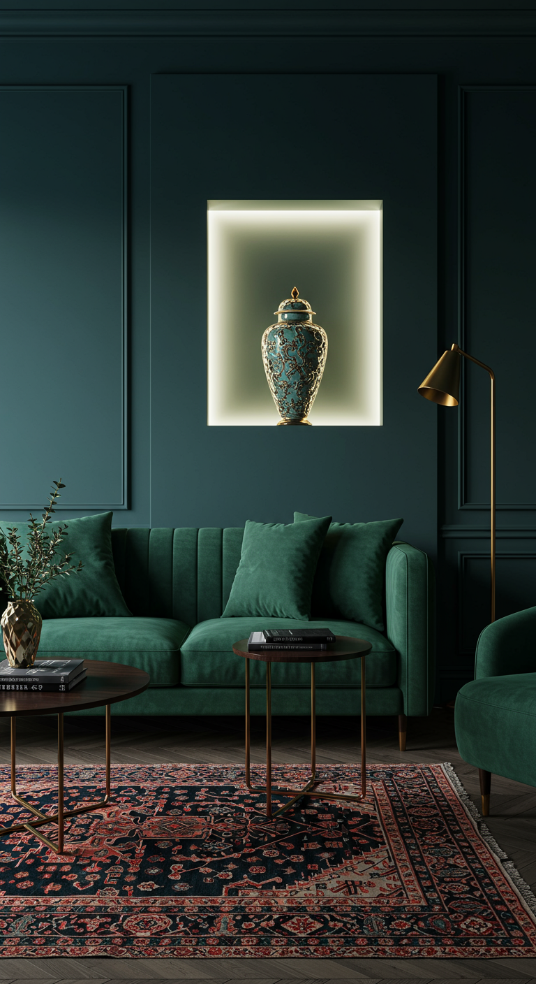 Donkergroene woonkamer met een verlichte nis waarin een sierlijke vaas staat.