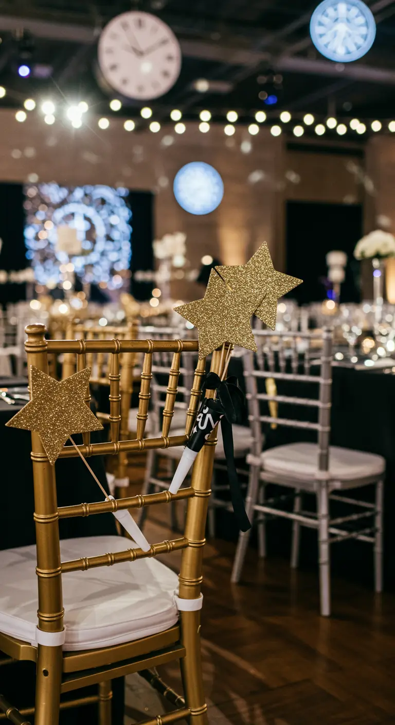 Gouden stoel versierd met gouden glittersterren en feesttoeters voor een Nieuwjaarsthema.
