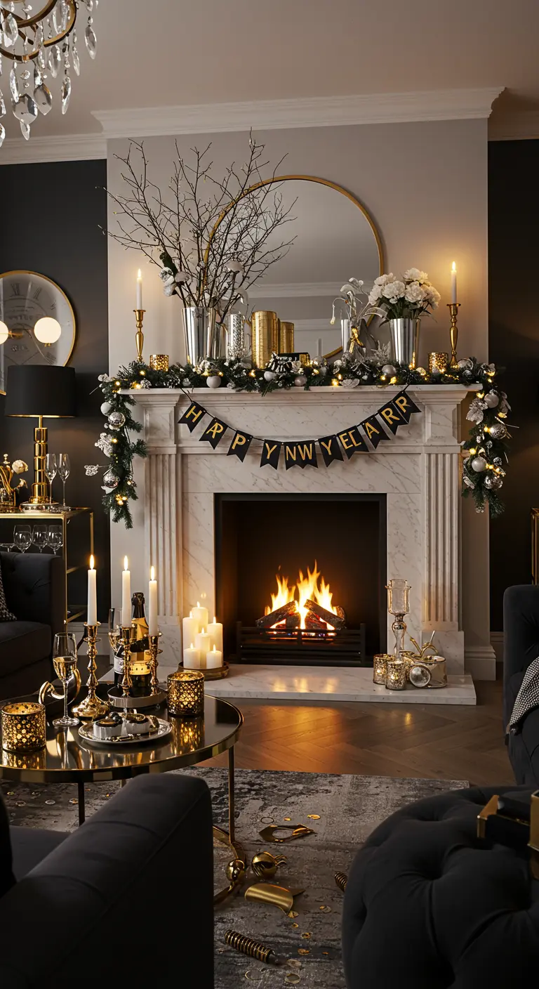 Modern gestylde schouw voor Nieuwjaar met goud, zilver en 'Happy New Year' banner.