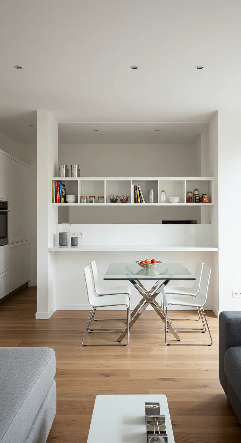 Compacte eethoek in een witte nis met wandplanken erboven, glazen tafel.