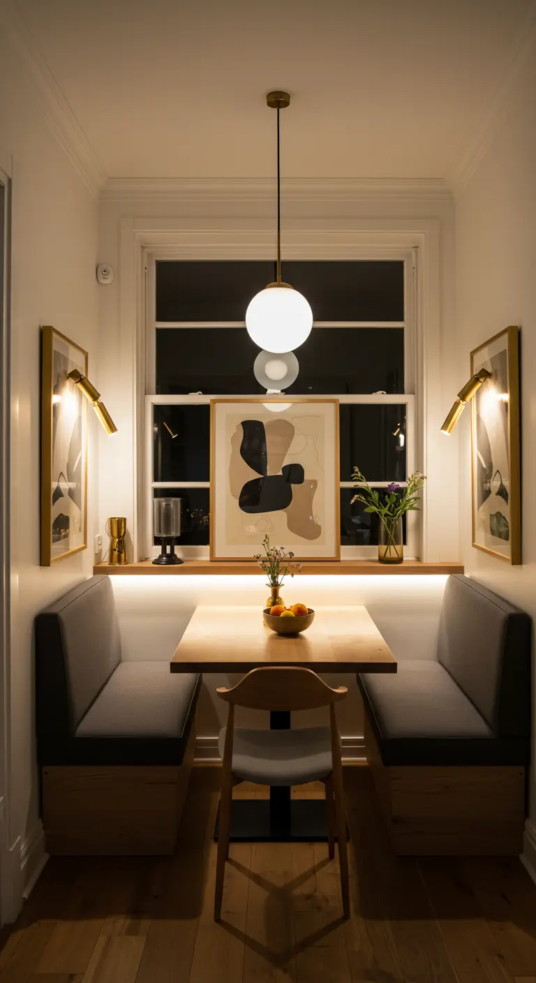 Sfeervolle eethoek in nis met banken, hanglamp en kunst.
