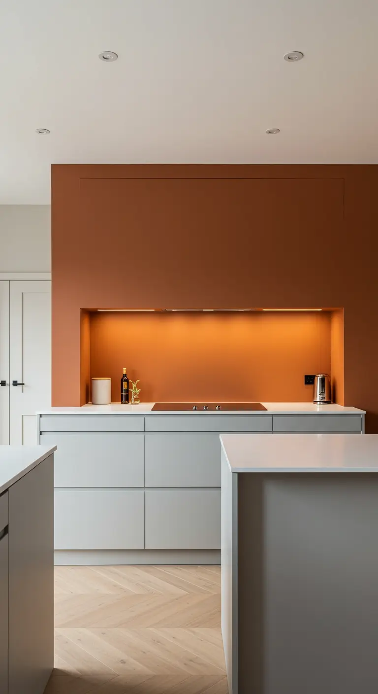 Strakke lichte keuken met een diepe nis achter de kookplaat, geschilderd in warm oranje.