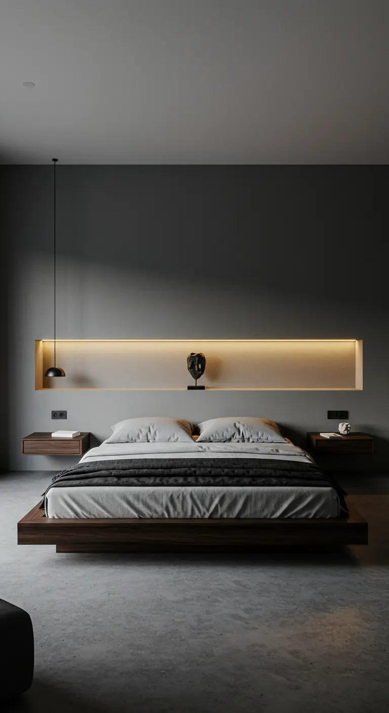 Moderne slaapkamer met verlichte nis boven bed als hoofdbord-alternatief.