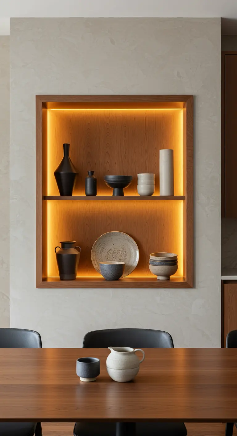 Ingebouwde houten nis met warm LED-licht, waarin handgemaakt keramisch servies staat uitgestald.