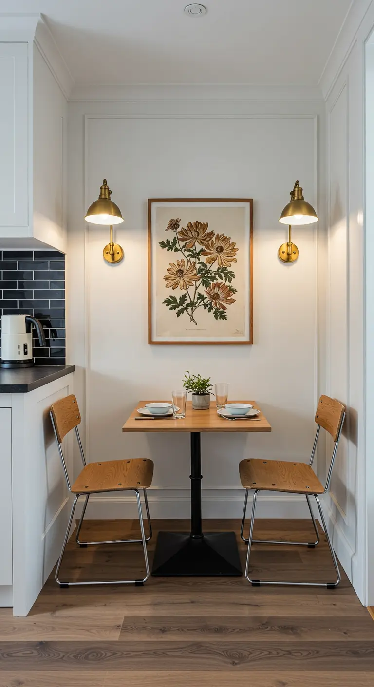 Knusse eethoek in nis met vierkante tafel, houten stoelen en wandlampen.
