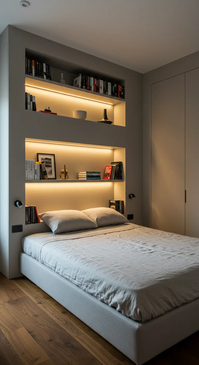 Slaapkamer met ingebouwde, verlichte nissen boven het bed als hoofdbord.